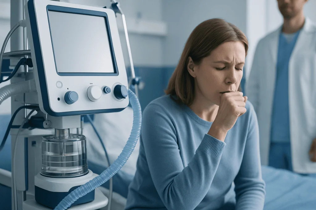 Woman coughing in hospital room with ventilator nearby.