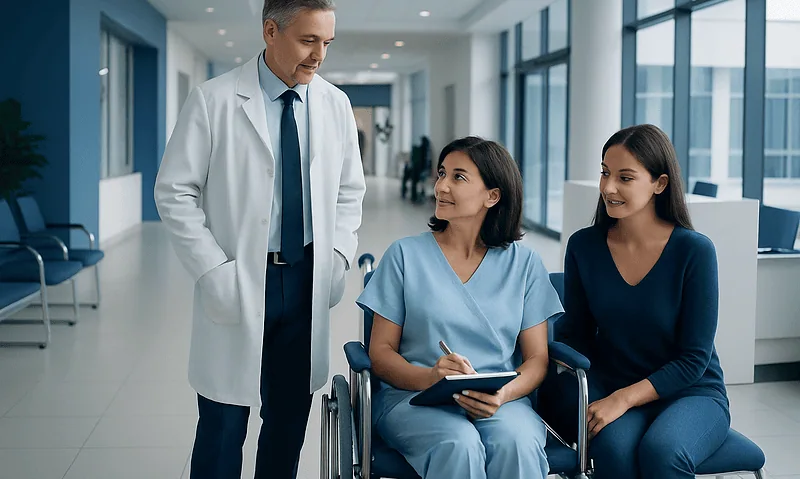 Doctor consulting with two female patients in hospital corridor.