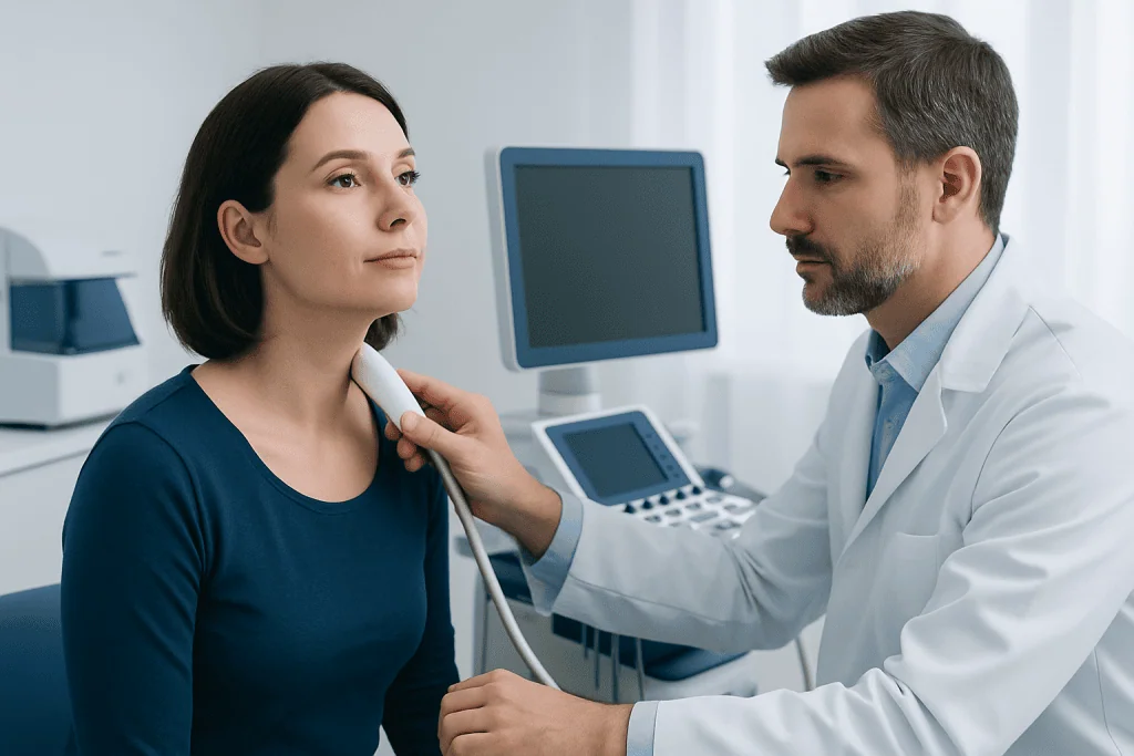 Doctor performs thyroid examination on a female patient in a clinical setting.