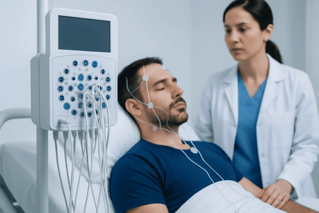 Patient undergoing a sleep study with monitoring equipment at Acibadem Hospitals.