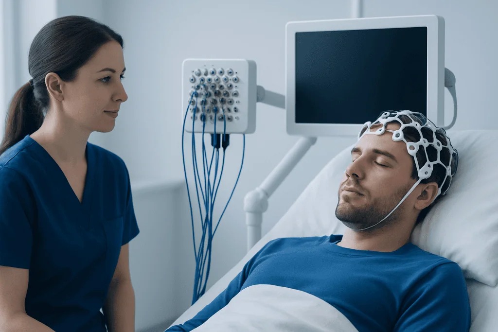 Patient undergoing EEG test with medical professional in hospital room.