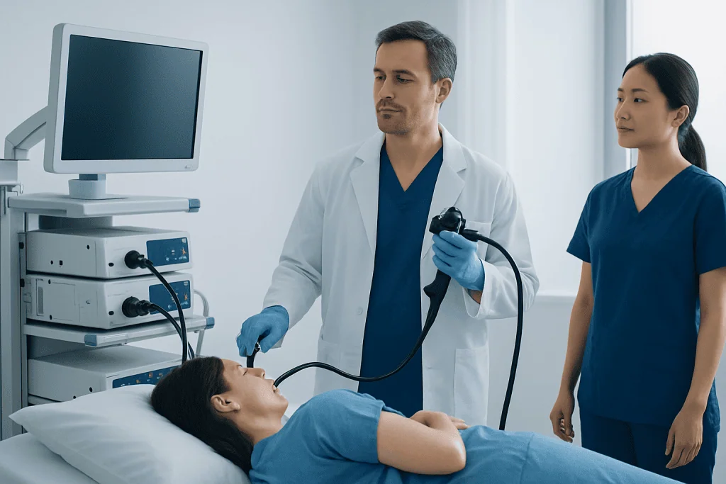 Doctor performing an endoscopy on a patient in a hospital room.