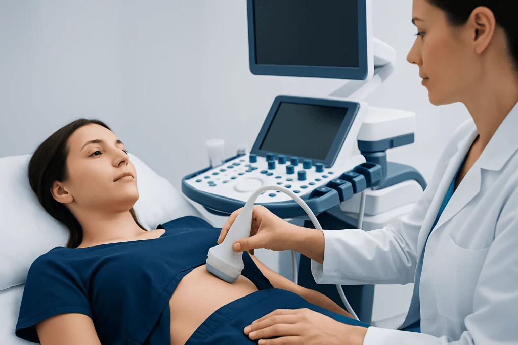 Doctor performing a breast ultrasound on a patient in a clinical setting.