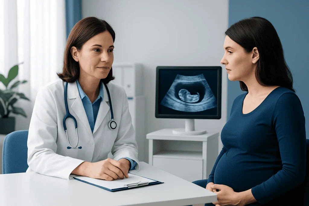 Pregnant woman consulting with doctor during ultrasound examination at hospital.