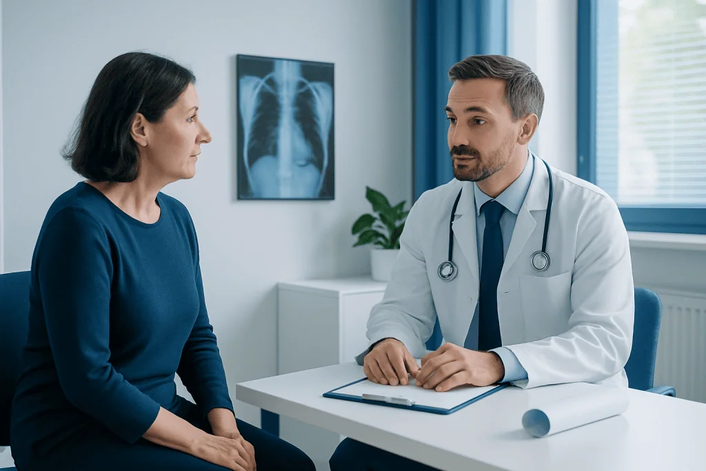 Doctor consulting with a female patient in a medical office with X-ray image on the wall.