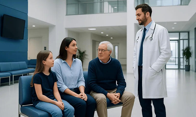 Family consulting with a doctor in a modern hospital lobby.