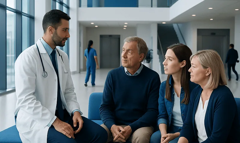 Doctor consulting with family in modern hospital lobby.