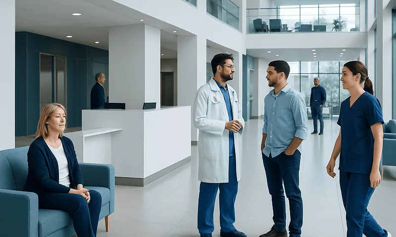 Medical professionals and patient in a modern hospital lobby.