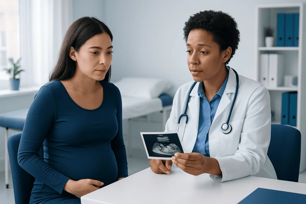 Doctor explaining ultrasound results to a pregnant woman in a clinic.