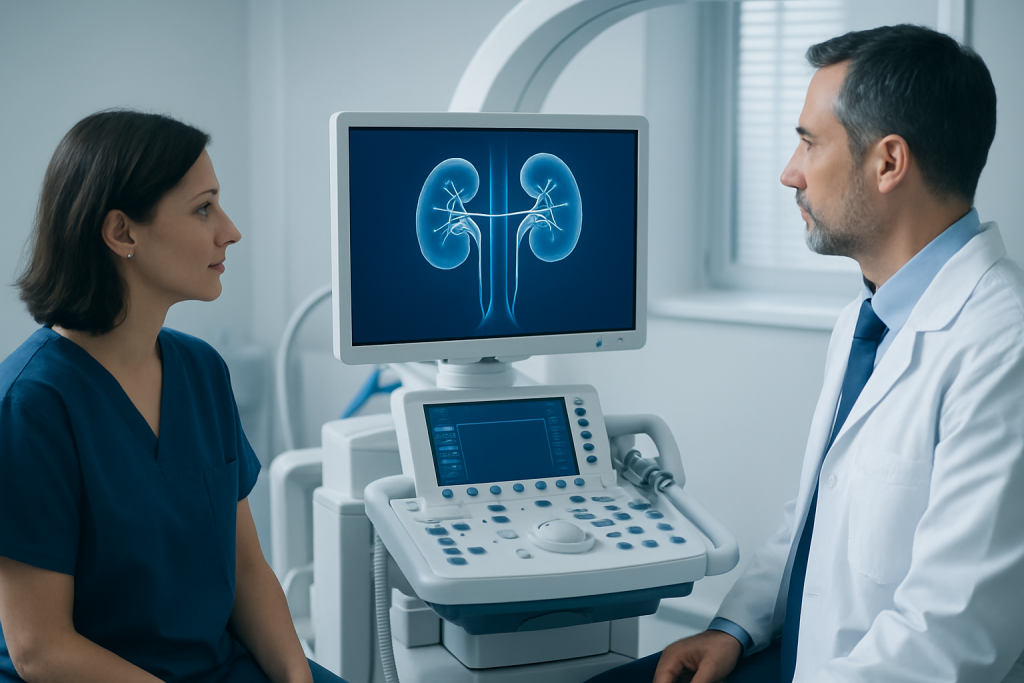 Urologist explaining kidney scan to patient in hospital.