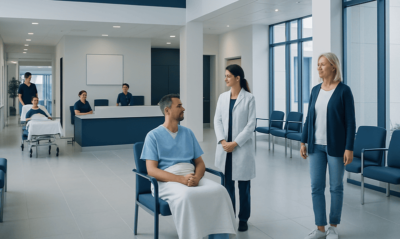 Hospital waiting area with patient and medical staff in modern clinic.