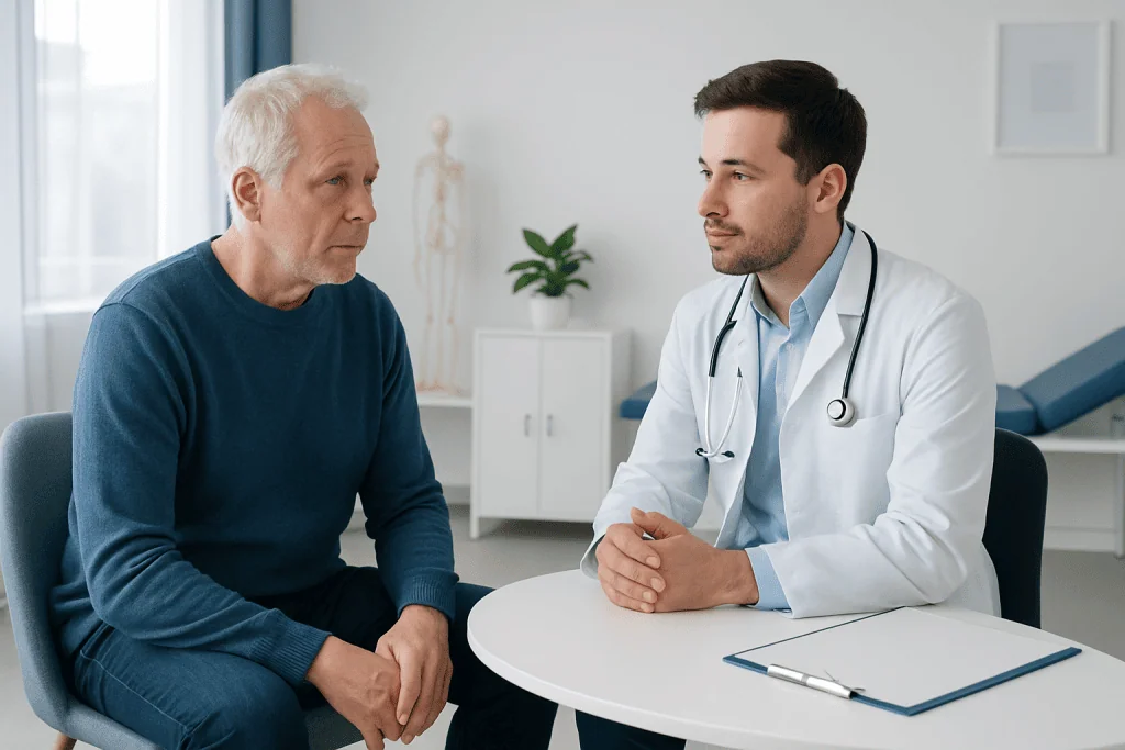 Doctor consulting with an elderly male patient in a medical office.