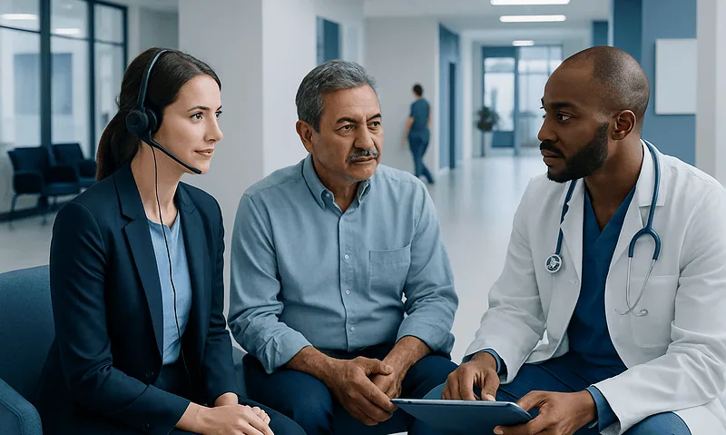 Medical interpreter discussing with patient and doctor in hospital corridor.