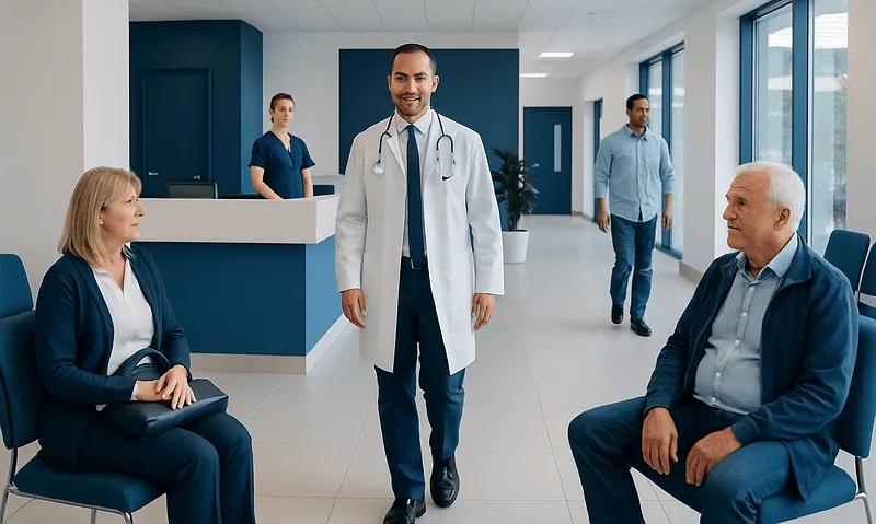 Medical consultation at Acibadem Hospital with doctor and patients in waiting area.