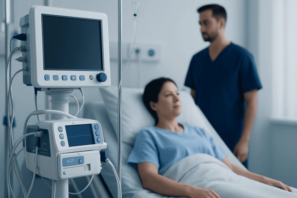 Hospital patient in bed with medical monitor and healthcare professional nearby.