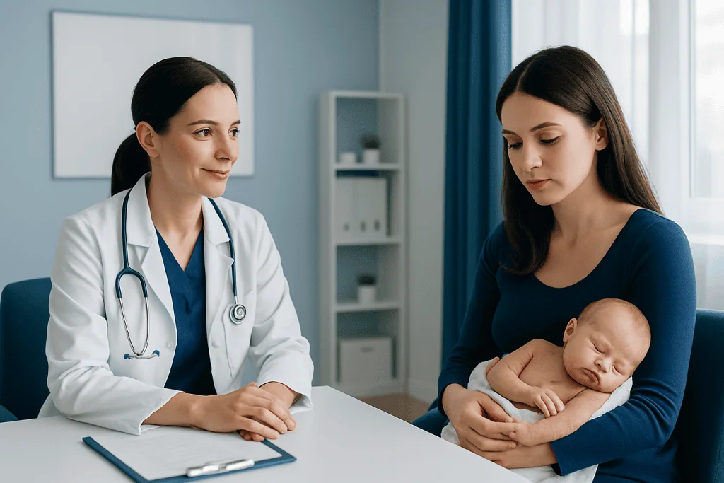 Pediatric consultation at Acibadem Hospital with doctor and mother with baby.