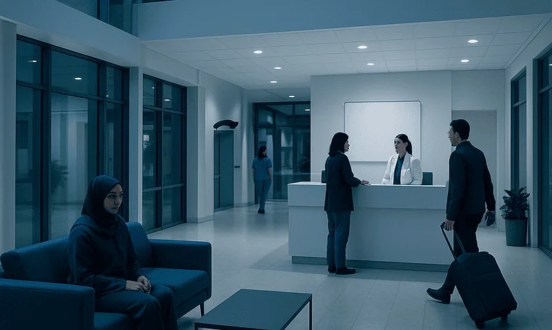 Modern hospital reception area with patients and staff at night.