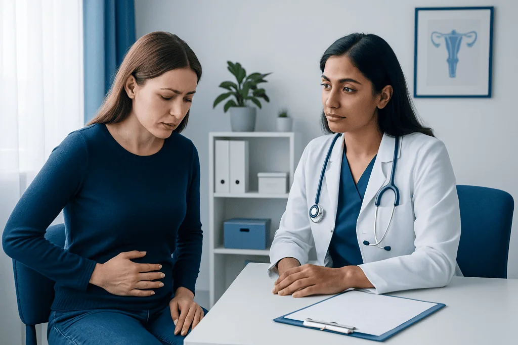Woman consulting with doctor about menstrual issues in a clinic setting.