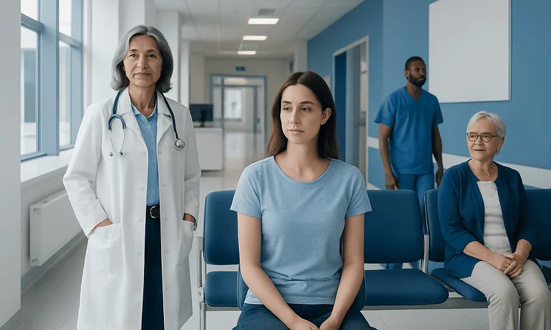 Doctor and patients in a hospital waiting area at Acibadem Hospitals Group.