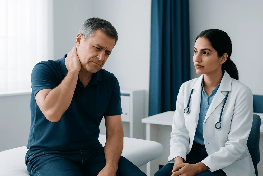 Patient experiencing neck pain during consultation at Acibadem Hospital.