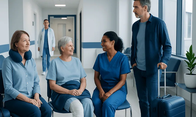 Patients and healthcare professionals in a hospital corridor.