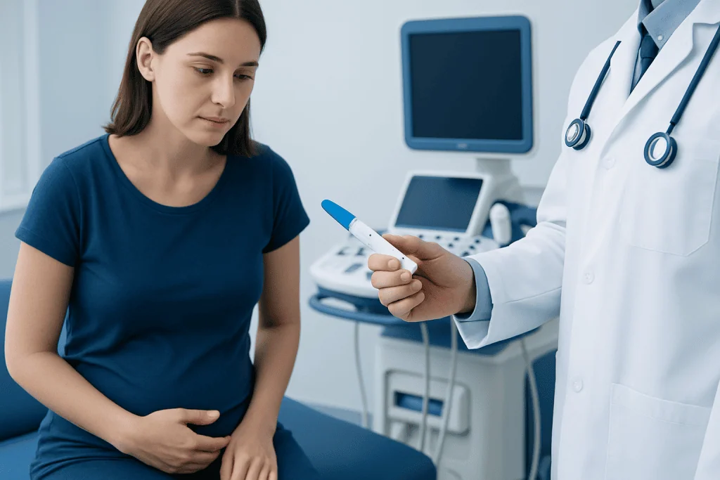 Doctor explaining medical test results to a patient in a clinical setting.