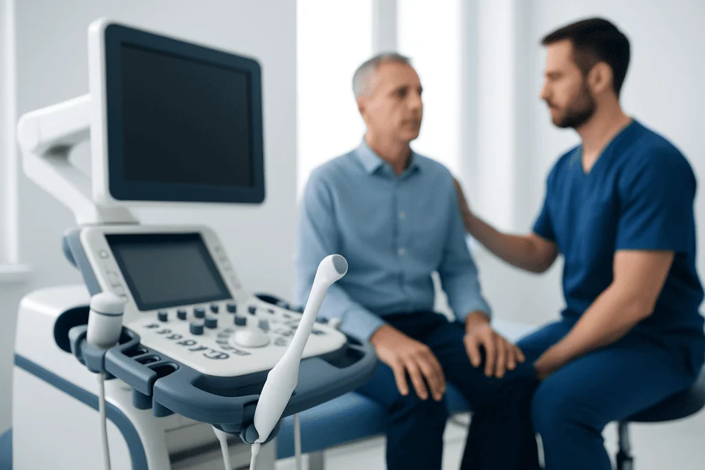 Doctor explaining prostate exam procedure to patient in clinic.