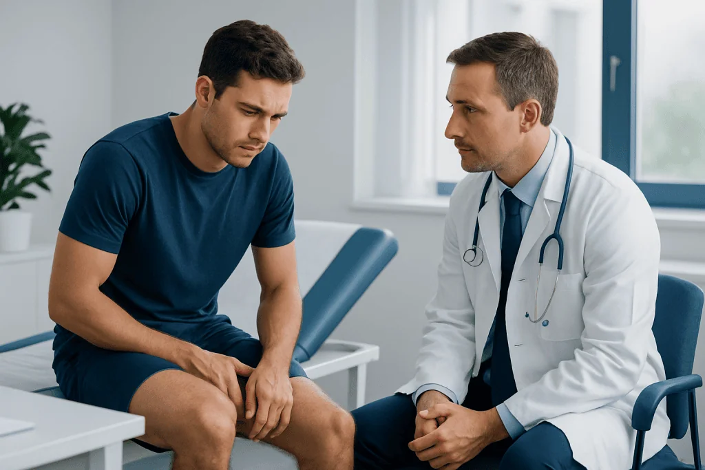 Doctor consulting with a young male patient about leg pain in a clinic.