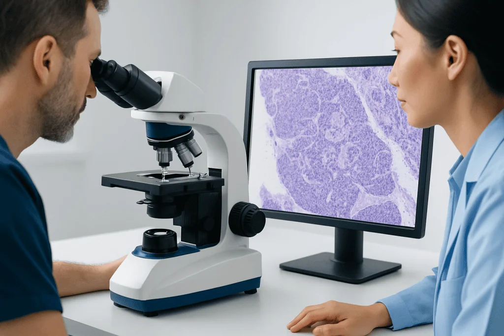 Pathology experts analyze cancer slides with microscope and digital imaging.