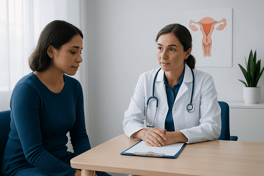 Doctor consulting a patient about gynecological health in a clinic setting.