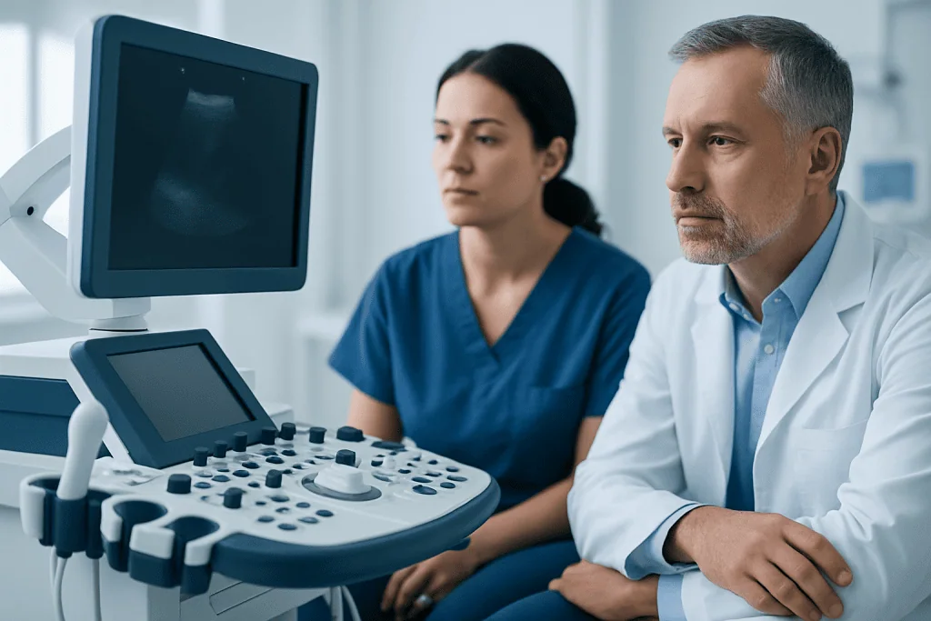 Medical professionals using ultrasound equipment in a hospital setting.