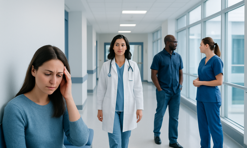 Concerned woman with headache in hospital corridor with medical staff.