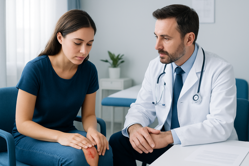 Understanding Infection From Scraped Knee: A Complete Patient Guide 1 Doctor examining a patient's knee for infection signs.