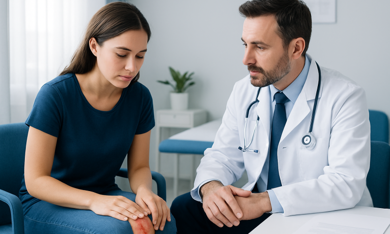 Doctor examining a patient's knee for infection signs.