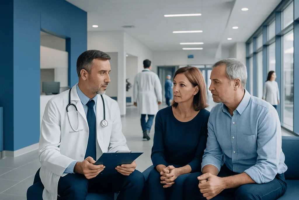 When to Get a Second Opinion Before Treatment in Turkey 1 Doctor consulting with a couple in a hospital corridor at Acibadem Hospitals Group.