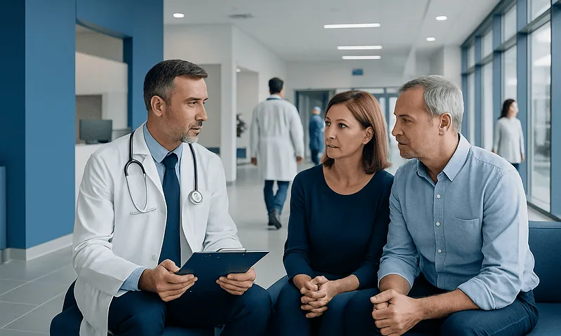 Doctor consulting with a couple in a hospital corridor at Acibadem Hospitals Group.