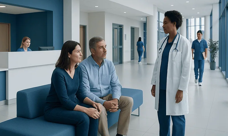 Patients consulting with a doctor in a modern hospital lobby.