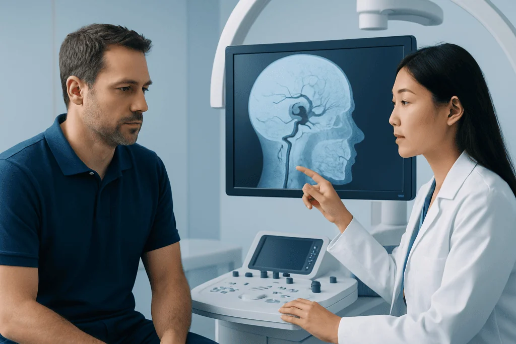 Doctor explains brain scan results to patient in a medical consultation room.