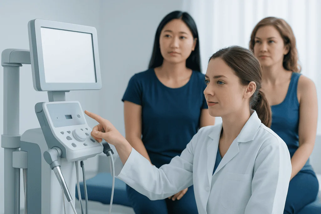 Medical professional operating ultrasound machine with two women in background.