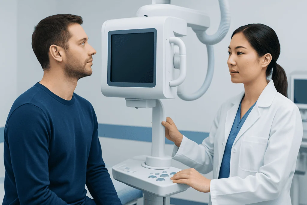 Doctor performing a medical examination on a patient with advanced equipment.