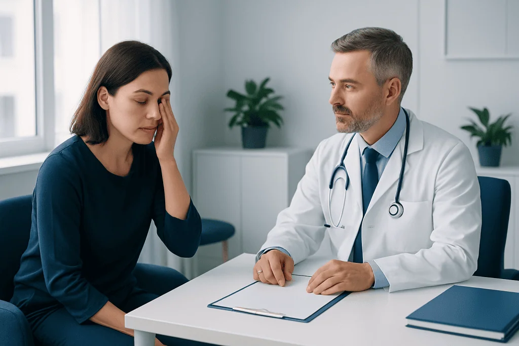 Patient consulting with a doctor about eyelid strain symptoms.