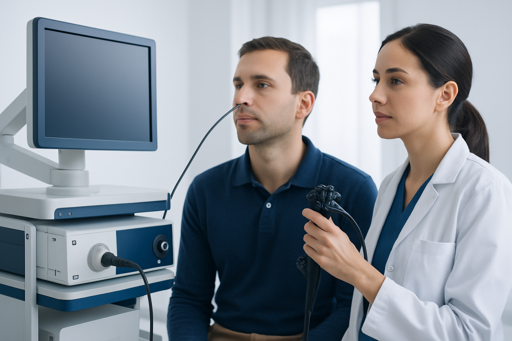 Medical examination with a man undergoing a diagnostic test at a hospital.