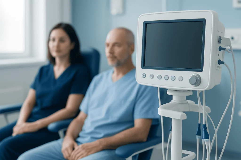 Patient and nurse in a hospital waiting area with medical monitor nearby.