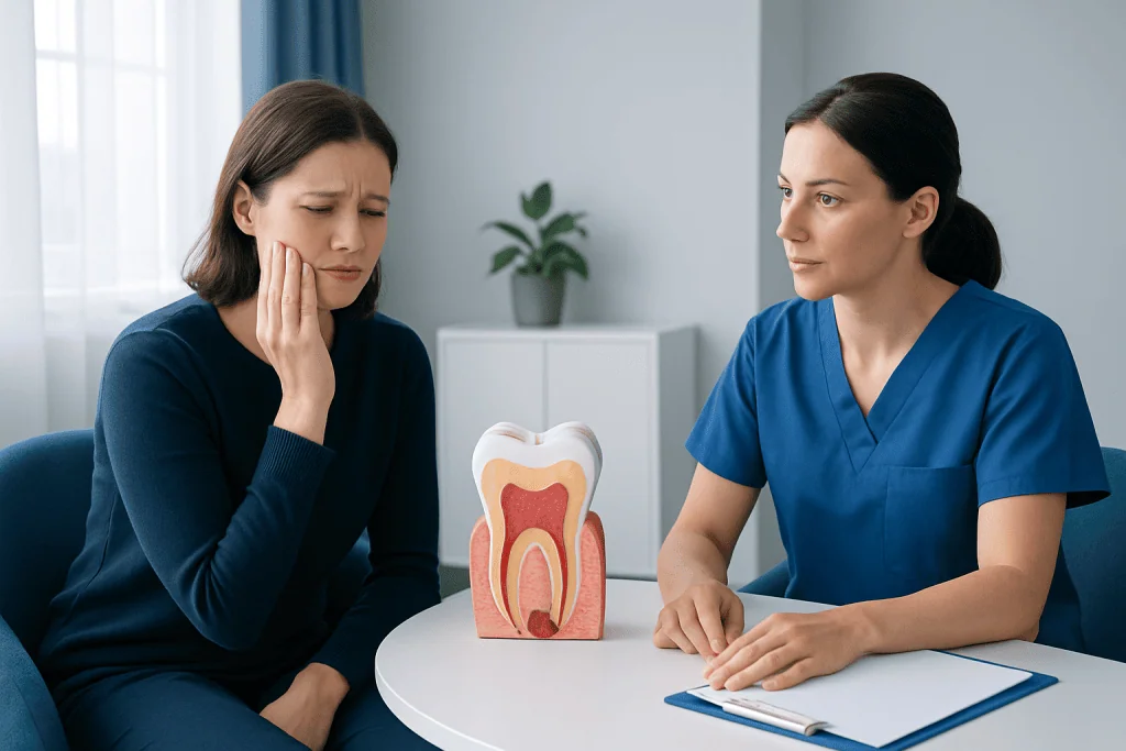 Woman with tooth pain consulting dentist with dental model.