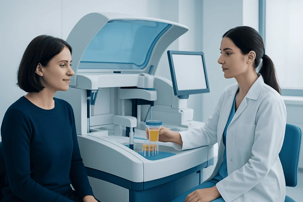 Medical professional explains urine test results to patient in lab.