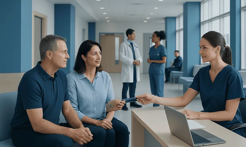 Patients and staff at Acibadem Hospital engaging in a consultation.