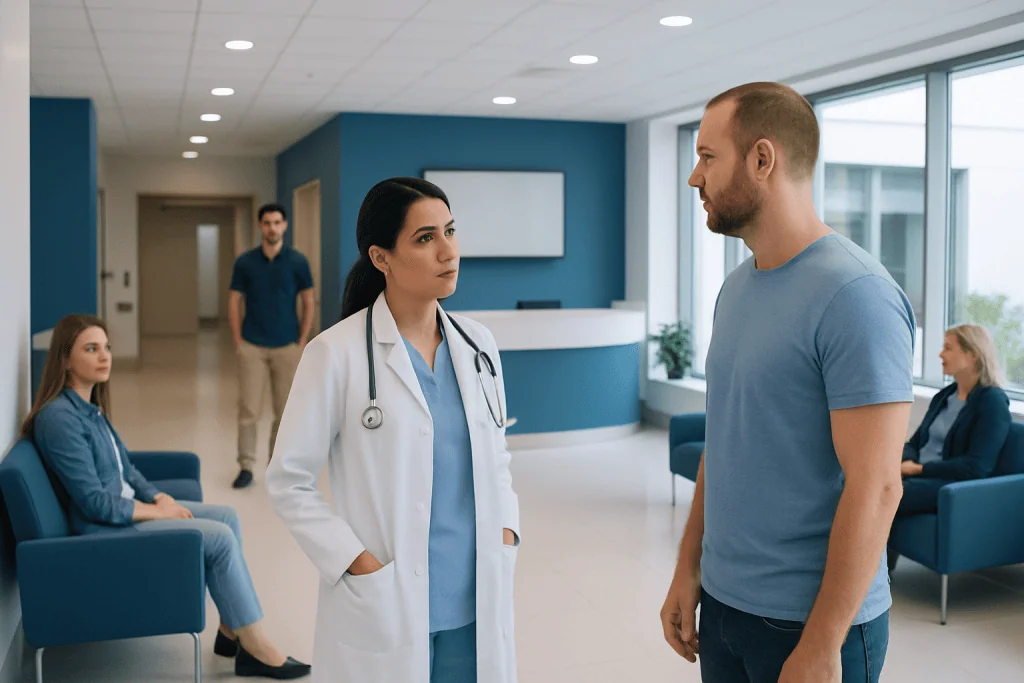 Unexpected Extra Treatment in Turkey: What Happens Next? 1 Doctor consulting a patient in a modern hospital waiting area.