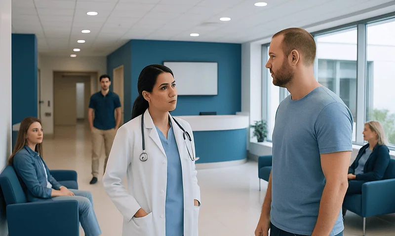 Doctor consulting a patient in a modern hospital waiting area.