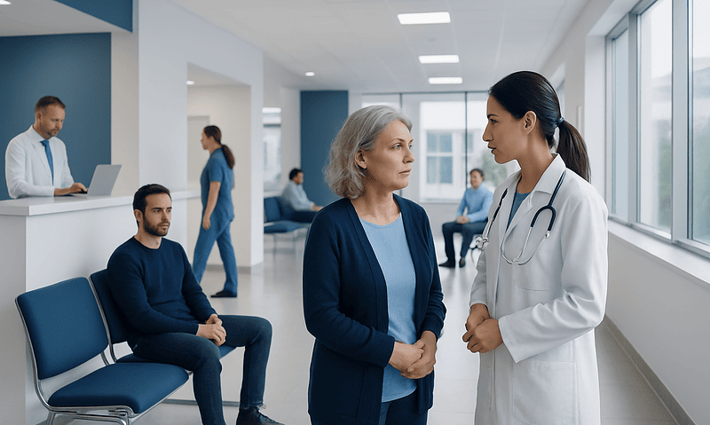 Doctor consulting with an elderly woman in a hospital corridor.