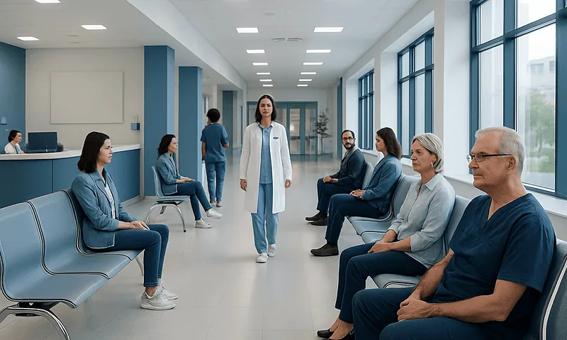 Patients waiting in a hospital corridor with medical staff present.